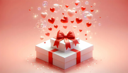 Valentine A simple white podium sitting inside a square gift box with a red bow, surrounded by floating heart 1