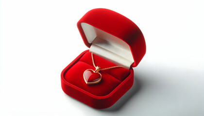 Valentine A red velvet jewelry box with a heart-shaped pendant necklace, blank copyspace to the side for text,1