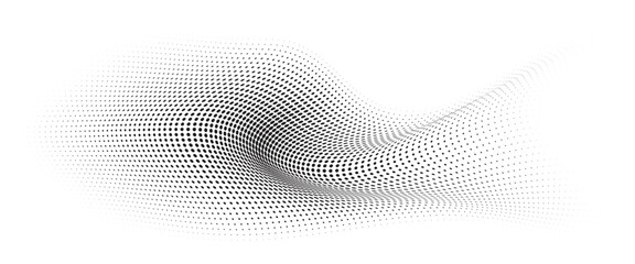 Fototapeta premium Flowing Wave Dot Halftone Pattern: Curve Gradient Shape on Transparent Background. Suitable for AI, Tech, Network, Digital, Science, and Technology Themes.