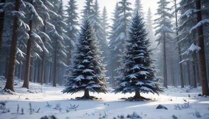 Fototapeta premium A stunning Christmas tree with a blue and silver theme sits proudly against the backdrop of a snowy forest, blue ornaments, holiday atmosphere, red ribbons