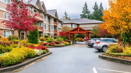 Senior care facility exterior with well-maintained garden and welcoming entrance. Emphasizing comfort and dignity in elderly living environments.