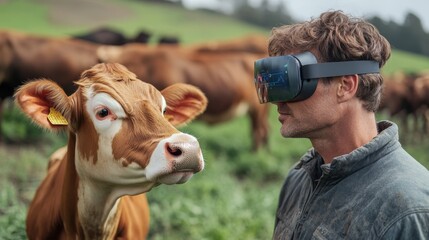 A man wearing a virtual reality headset interacts with a curious cow in a green pasture, blending technology and agriculture.
