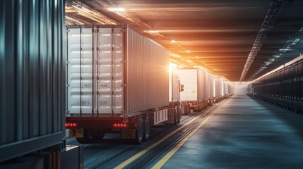 A row of illuminated trucks lined up in a loading dock, showcasing containers under artificial lighting in a modern industrial setting.