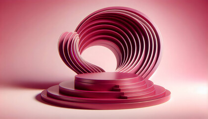 Obraz premium Valentine A dynamic abstract stage with curved cylinder podium steps in deep pink, isolated on a white background, with a touch of soft shadows