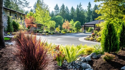 Senior care facility exterior with well-maintained garden and welcoming entrance. Emphasizing comfort and dignity in elderly living environments.