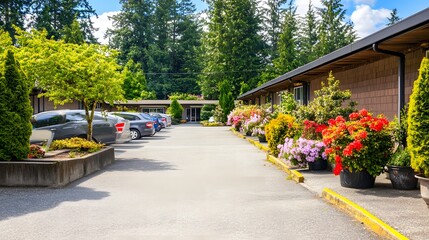Senior care facility exterior with well-maintained garden and welcoming entrance. Emphasizing comfort and dignity in elderly living environments.