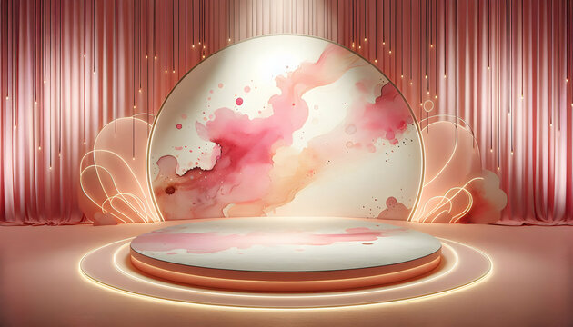 Valentine A curved stage with a pink watercolor splash backdrop, surrounded by thin glowing lines and a pale p2 - Powered by Adobe