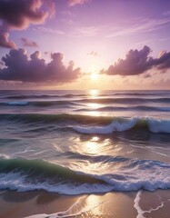 Fototapeta premium A tranquil seaside scene with a cloudy purple sky and sun rays dancing on the waves, sun, wave