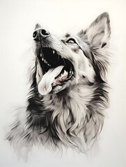 Naklejka premium Monochrome portrait of a happy wolfdog looking up, panting with its tongue out.