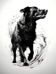 Black dog portrait in artistic ink swirl.