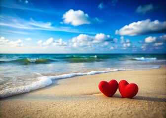 Fototapeta premium Romantic Red Hearts on Ocean Beach Sand - Love Concept for Holidays, Symbolizing Passion and Affection in a Serene Coastal Setting, Perfect for Valentine's Day and Beach Getaways