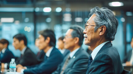 Obraz premium 会議をする中年の会社員のアジア人男性