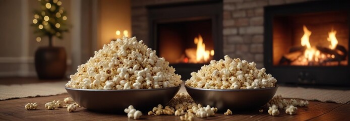 A warm and inviting Christmas scene featuring a bowl of freshly popped popcorn and a crackling fireplace, twinkling lights, relaxing atmosphere