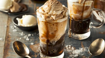 Cool root beer float with a scoop of chocolate ice cream