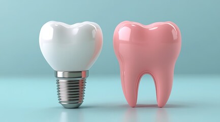 3d render of dental implant and healthy white tooth on light blue background with reflection, 2D illustration style studio lighting, global illumination.