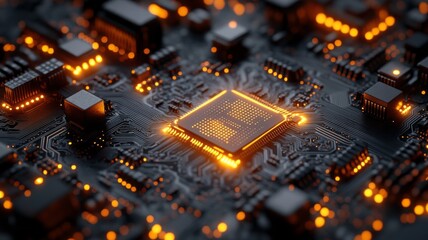 A 3D render of a high-tech circuit board featuring glowing microchips and intricate wiring.