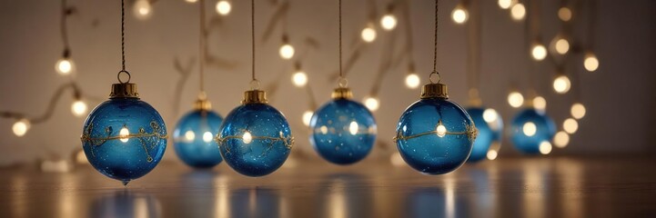 A whimsical collection of blue glass and gold-plated ornaments suspended from a string of fairy lights, holiday decor, blue glass ornaments