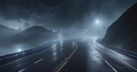 Obraz premium A winding blue highway vanishing into misty darkness, foggy night, misty atmosphere, wet asphalt