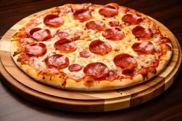 A close-up of a pepperoni pizza on a wooden board, showing the rich texture of the crust, melted cheese, and savory pepperoni.