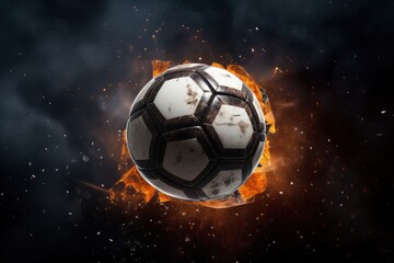 Fototapeta premium A close-up shot of a weathered soccer ball positioned in the middle of a large stadium, with intense stadium lights illuminating the ball, highlighting its details