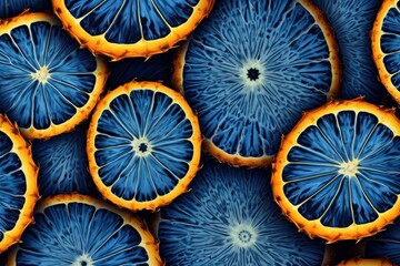 Obraz premium A colorful and eye-catching design of seamless pineapple slices, highlighting the intricate details of the fruit's cross-section, with a rich blue backdrop enhancing the tropical theme.