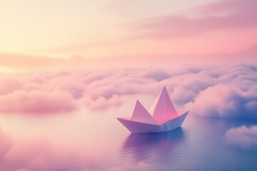 Paper Boat Sailing on a Tranquil Sea Amidst Dreamy Clouds at Sunset