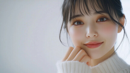 美肌の若くて可愛いアジア女性モデルが笑顔でカメラを見ている。美容・ファッションポートレート。