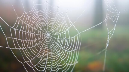 Naklejka premium Close-up of a delicate spider web glistening with dew in a foggy forest.