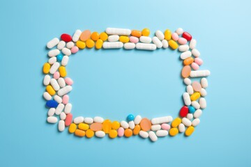 A flat lay composition featuring a rectangular frame crafted from an assortment of colorful pills, arranged neatly on a vibrant blue background.