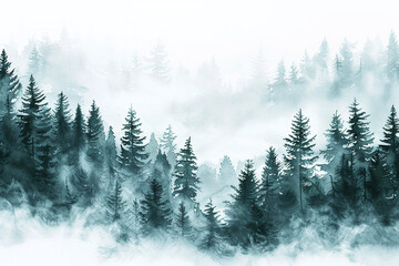Fototapeta premium Soft watercolor illustration of a pine trees forest with white background sky