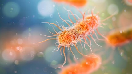 Highly detailed microscopic view of orange bacteria with intricate textures and bright colors in a scientific setting.