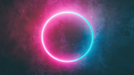 Obraz premium A futuristic glowing neon circle with vibrant pink and blue hues against a textured dark background, radiating modern energy.