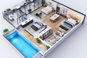 Obraz premium Stylish apartment plan with a living room, kitchen, and rooftop pool.