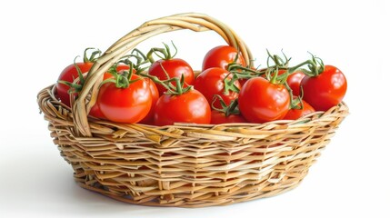 A woven basket filled with ripe red tomatoes, showcasing their vibrant color and fresh appearance.