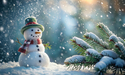 Cute snowman and snow-covered spruce branch under falling snow