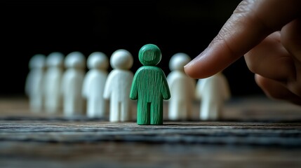 A hand pointing at a green wooden figure among others symbolizes the best candidate concept, highlighting selection, choice, and individuality.






