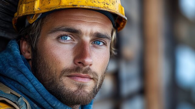 photo of a human male german construction worker with beautiful eyes and with yellow construction helmet and with blue overall and a wooden house.