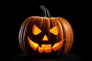 A traditional jack-o'-lantern with a classic carved face displaying a playful expression. The pumpkin is beautifully textured, featuring deep grooves and a rich orange color. 
