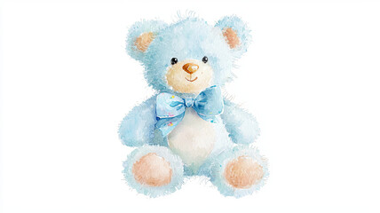 whimsical watercolor illustration of soft blue teddy bear with bow tie, evoking feelings of warmth and nostalgia. Perfect for children decor or gifts
