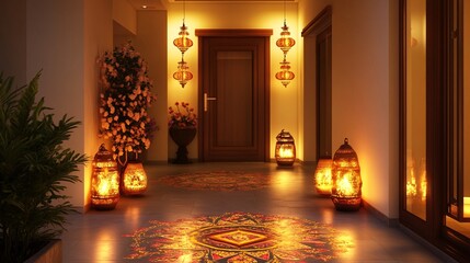 Indian home entrance beautifully decorated with Diwali lanterns, oil lamps, and intricate rangoli patterns