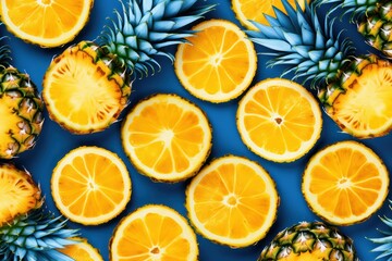A vibrant pattern featuring seamless pineapple slices, showcasing the juicy yellow flesh and textured skin, all set against a bold blue background.