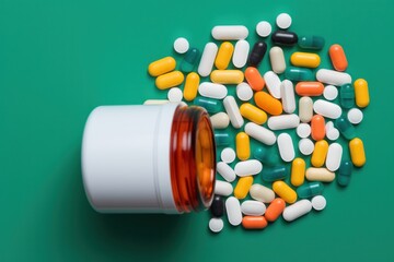 A white pill bottle with a child-proof cap, tipped over, spilling an assortment of multicolored tablets and capsules onto a vibrant green background. The top view highlights the vivid colors