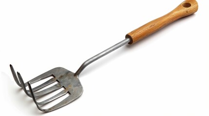 A metal gardening tool with a wooden handle, featuring four prongs used for loosening soil and cultivating plants.