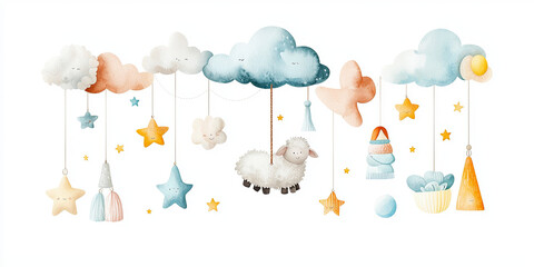 Whimsical watercolor illustration of baby mobile featuring clouds, stars, and sheep. Perfect for nursery decor, this charming design evokes sense of wonder and joy