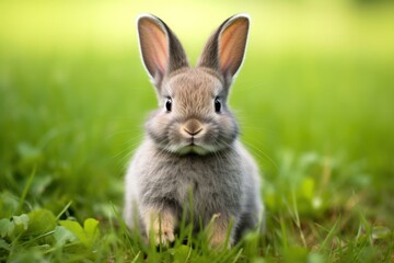 Fototapeta premium An adorable gray bunny with a round face and chubby cheeks, nestled comfortably in a bed of fresh green grass. Its ears flop to the side