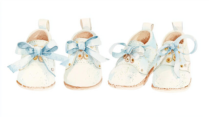Whimsical watercolor illustration of tiny white baby shoes with blue ribbons, perfect for nursery decor or baby shower invitations