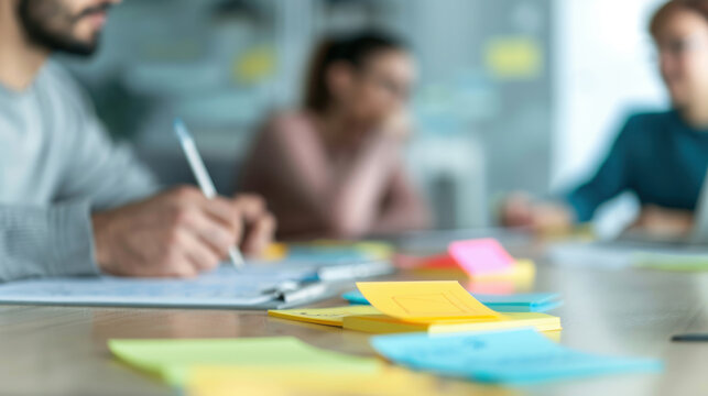 Business team in a meeting room having a debrief session after a difficult negotiation, with close-up shots of notes and collaborative brainstorming around a conference table