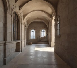 Fototapeta premium Arched window-lined hallway with a large stone staircase, vaulted ceiling, high arches