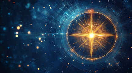 Abstract digital compass with a starry night background, symbolizing direction and exploration in the technological space