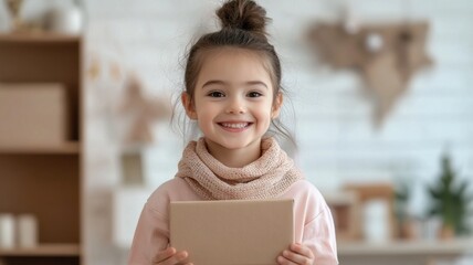  5 year old girl in pastel t-shirt and light, casual scarf around her neck, hair in a messy bun, holding a New Year's package in her hands.